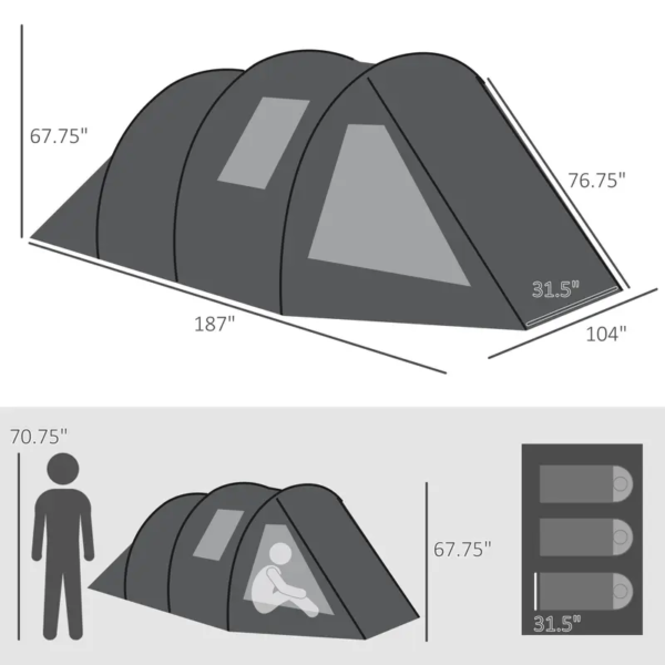 Outsunny 3-4 Person Easy Setup Cabin Tent with Two Room and Groundsheet, Waterproof & UV30+ Camping Tent with Carrying Bag, Charcoal - Image 4