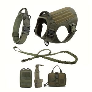 [Tactical Dog Harness] 4pcs Tactical Dog Harness and Vest Set - Polyamide Material, Machine Washable - with Collar, Leash, and Accessory Pouch for Large Dogs