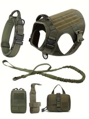 [Tactical Dog Harness] 4pcs Tactical Dog Harness and Vest Set - Polyamide Material, Machine Washable - with Collar, Leash, and Accessory Pouch for Large Dogs