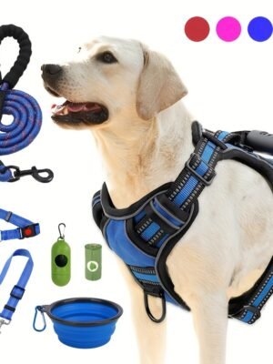 Trail2Tail Urban Dog Harness Kit – Labrador wearing reflective blue harness with matching leash, collapsible water bowl, seatbelt clip, poop bag holder, and waste bags. Available in multiple colors for small to large dogs.