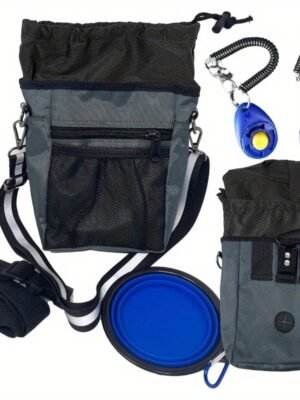 All-in-One Dog Training Pouch with Clicker, Poop Bag Dispenser & Water Bowl - 5-Way Harness or Waist Attachment, Zippered Closure, Treat/POO Bag Storage - Durable Polyester Puppy Training Organizer for Obedience, Agility, Walks - Ideal for Professional Trainers & Pet Owners (Grey), Dog Treat Training Pouch, Secure Zip Closure, Adjustable Strap Feature