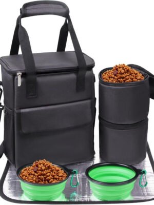 All-in-One Dog Travel Backpack with 2 Collapsible Bowls, 2 Insulated Food Containers & High Quality Feeding Mat - Durable Oxford Fabric, Adjustable Shoulder Straps, Spacious Compartments for Camping, Hiking, Weekend Trips (Black, Size S), Dog Backpack Carrier, Tearresistant Material